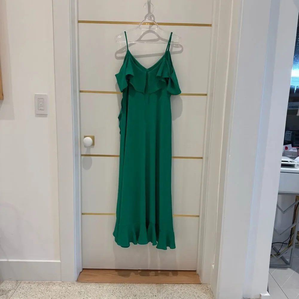 London Times dress green maxi off shoulder‎ ruffle high low holiday party 4